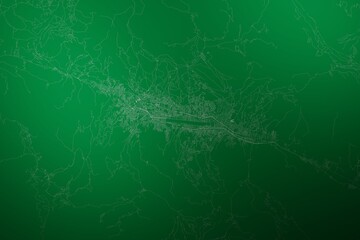 Map of the streets of Cusco (Peru) made with white lines on abstract green background lit by two lights. Top view. 3d render, illustration