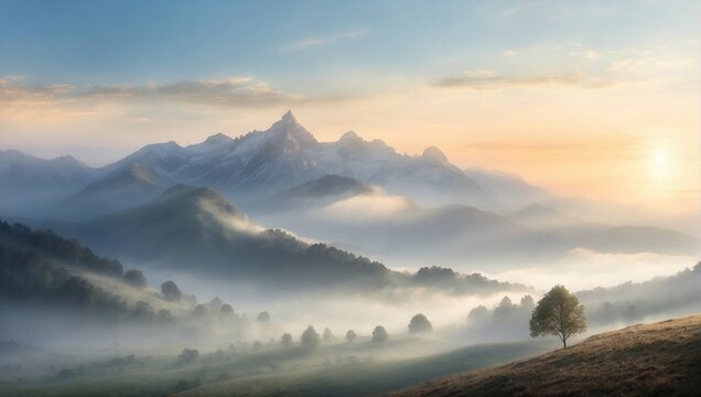 A serene landscape depicting a misty morning in the mountains, with the first rays of sun piercing through the fog Generative AI