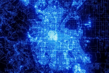 Street map of Denver (Colorado, USA) made with blue illumination and glow effect. Top view on roads network