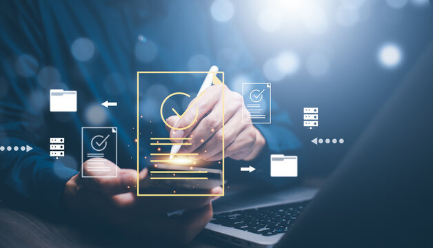 checklist and clipboard task documentation management, online survey form, answer the test questions. Human resources and management concept.