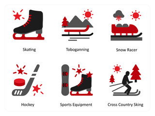 Six Sports Red and Black icons as skating, tobogannig, snow racer
