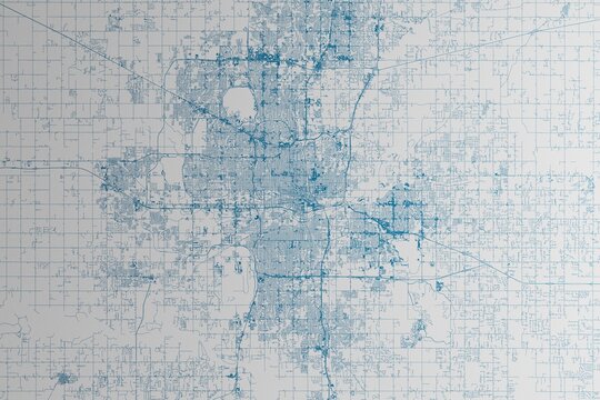 Map of the streets of Oklahoma City (Oklahoma, USA) made with blue lines on white paper. 3d render, illustration