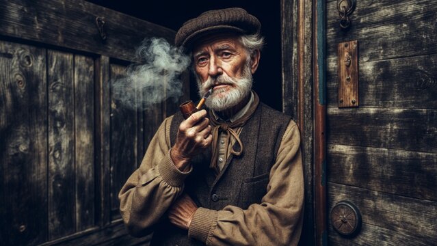 An old man with a beard and a pipe, wearing a hat and a brown vest, stands in a wooden doorway. He is smoking the pipe and looking into the camera. The image has a vintage feel to it.