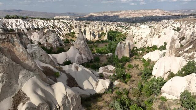 Cappadocia landscape view. Turkey. Goreme National Park.
Drone footage of red valley rocks formations called the Fairy Chimneys. Open air museum aerial shot of city and houses from caves
