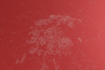 Map of the streets of Fez (Morocco) made with white lines on red paper. Top view, rough background. 3d render, illustration