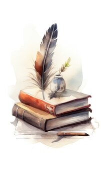 Watercolour illustration of books with a feather on top. Generative ai