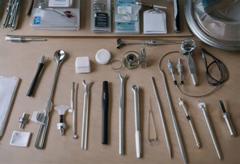Top down view on various dental instruments such as syringe, toothbrushes, false teeth, pliers, mouth mirror, floss, picks, drill, scissors and mask