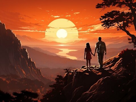Couple holding hands on top of a mountain silhouette at sunlight going down