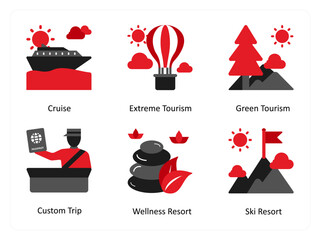 Six vacation icons in red and black as cruise, extreme tourism, green tourism