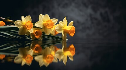 Yellow narcissus flower on a dark background with a place for text