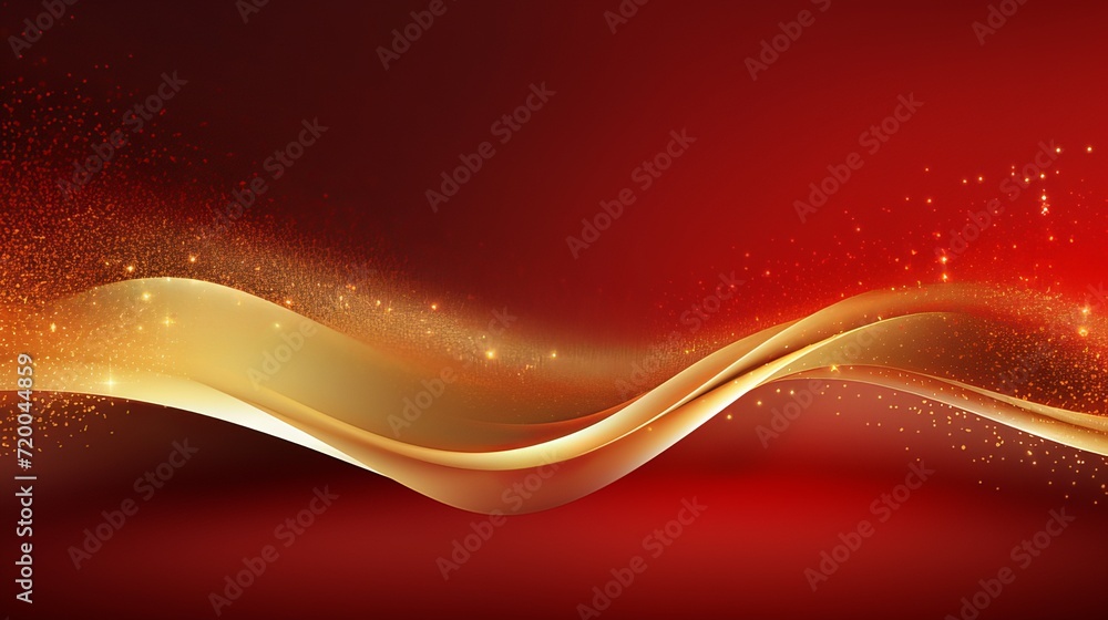 Poster abstract red background with golde waves. golden waves and particles on red background. smooth luxur