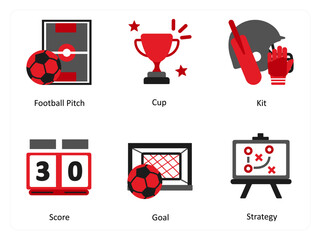 Six sports icons in red and black as football pitch, cup, cricket kit