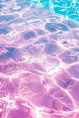 An image of a pool water, abstract background. Holographic pastel colors. Modern aesthetic. Irridescent pink and blue hues.