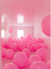 An image of pink balloons on the floor of pastel pink room. Beautiful monochromatic candy inspired...