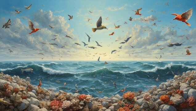 A surrealistic scene where the ocean meets the sky at the horizon, with fish flying and birds swimming Generative AI