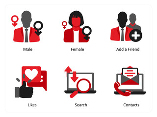 Six business icons in red and black as male, female, add a friend
