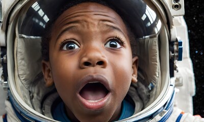 Surprised african american boy astronaut on a mission