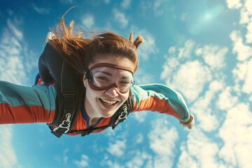Young woman skydiving with a parachute in the air. - obrazy, fototapety, plakaty