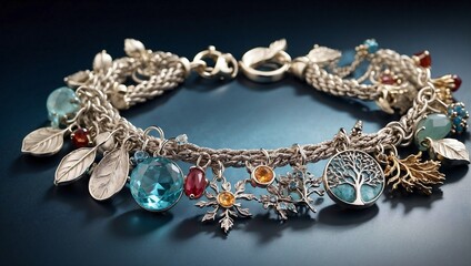 An elegant silver bracelet with charms representing the four seasons, each detailed with appropriate gemstones Generative AI