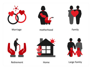 Six business icons in red and black as marriage, motherhood, family