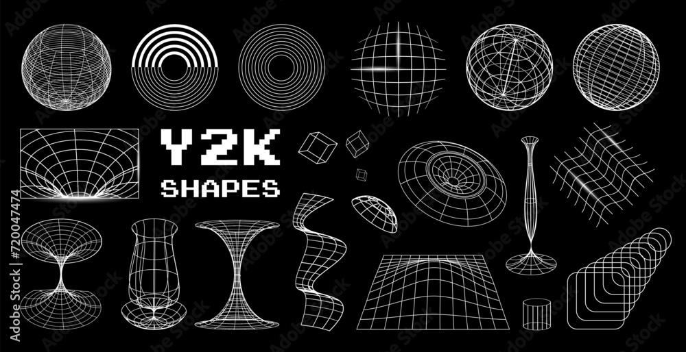 Aufkleber White Abstract isolated y2k shapes, wireframe, perspective grids and cyberpunk elements. Vector illustration on black background.	