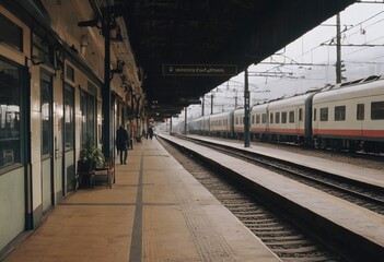 Retro steam train departs from the railway station at sunset.