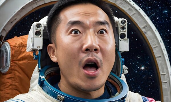 Surprised asian man astronaut on a mission