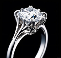 Shiny diamond gemstone ring on mirror background.