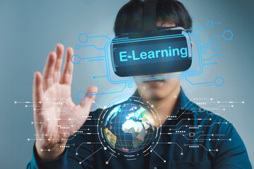 Exploring Virtual Learning with Advanced VR Headset :A user engages with a virtual reality headset, navigating through an interactive e-learning environment, symbolizing advanced education methods.