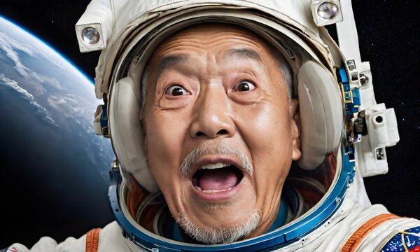 Surprised asian elder man astronaut on a mission
