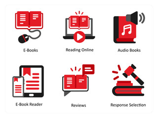 Six business icons in red and black as e books, reading online, audio books