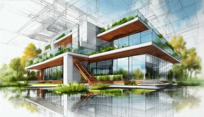 Obraz premium Architectural Sketch of Real Estate - Colored Schematic Drawing of Property - Eco-friendly Concept with Pencils and Inkt. Modern Building.