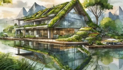 Foto auf Acrylglas Architectural Sketch of Real Estate - Colored Schematic Drawing of Property - Eco-friendly Concept with Pencils and Inkt. Modern Building. © Eggy
