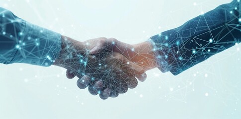 People shaking hands and network Horizontal visual for advertisements.