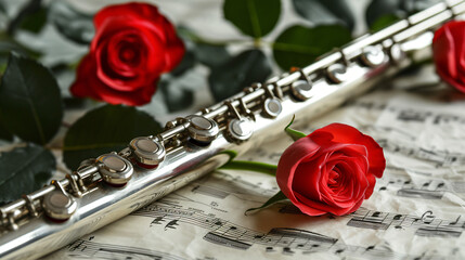Silver flute notes and roses.