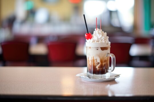 root beer float with a cherry on top, on a diner counter