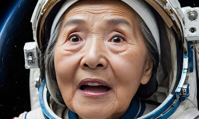 Surprised asian elder woman astronaut on a mission
