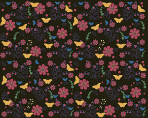 Bright floral pattern on a black background. Vector illustration for wallpaper, fabric, textile design in retro style