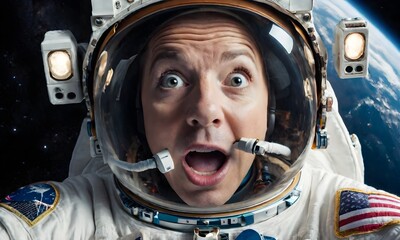 Surprised man astronaut on a mission
