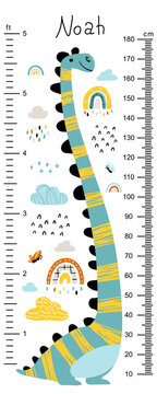 Dino height chart for kids. Cute vector illustration in simple hand-drawn cartoon Scandinavian style. The limited, colorful palette is ideal for printing. Childish meter wall for nursery design.