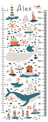 Marine height chart for kids. Cute vector illustration in simple hand-drawn cartoon Scandinavian style. The limited palette is ideal for printing. Childish meter wall for nursery design.