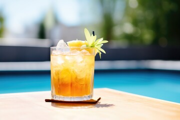 pineapple iced tea, pineapple chunk garnish, ice, clear sunny day