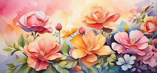 Watercolor drawing of flowers, bright background