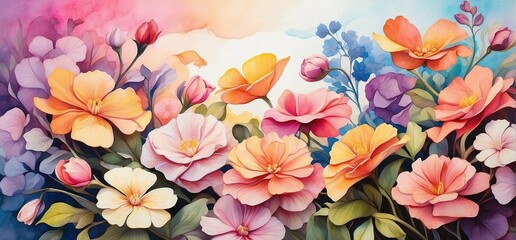 Watercolor drawing of flowers, bright background