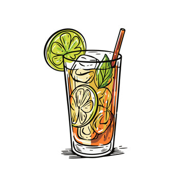 Hand drawn style ice tea drink cocktail. Colorful vector illustration.