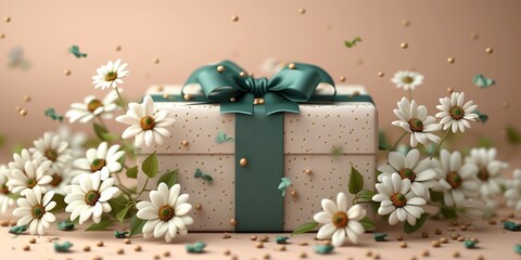 A festive gift box wrapped in colorful paper and decorated with ribbons and spring flowers creates a joyful atmosphere.
