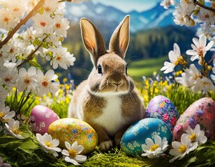 An Easter bunny surrounded by eggs painted with scenes of blooming gardens and spring landscapes.