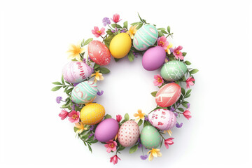 Fototapeta na wymiar Happy Easter banner with a fancy wreath of Easter eggs and spring flowers, on a white background.