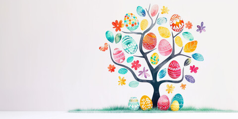 Happy Easter banner with a stylized Easter tree showcasing a variety of patterns and colors on a neutral white canvas.