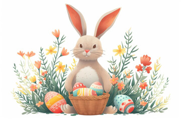 Happy Easter banner with cheerful Easter bunny holding a basket of eggs surrounded by blooming flowers and greenery on a white background